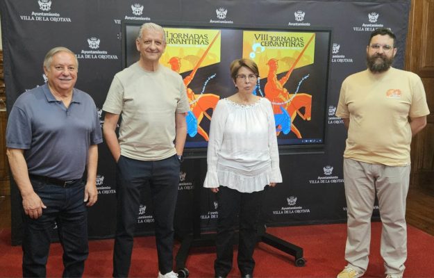 PRESENTACIÓN JORNADAS CERVANTINAS CON ALCALDE, MIEMBROS DE ALISIOS Y AUTOR CARTEL