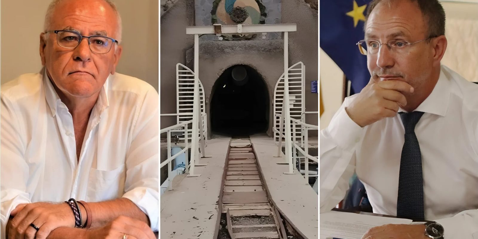 Carlos Cabrera, exconsejero de Aguas, y Sergio Rodríguez, presidente del Cabildo, y, al centro, boca oeste del Túnel de Trasvase,