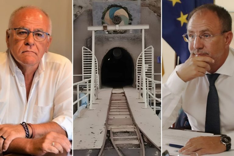 Carlos Cabrera, exconsejero de Aguas, y Sergio Rodríguez, presidente del Cabildo, y, al centro, boca oeste del Túnel de Trasvase,
