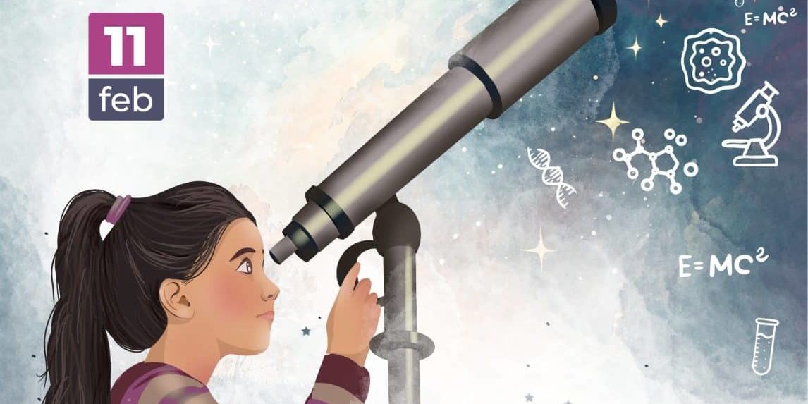 CARTEL DE LA MUJER Y LA NIÑA EN LA CIENCIA