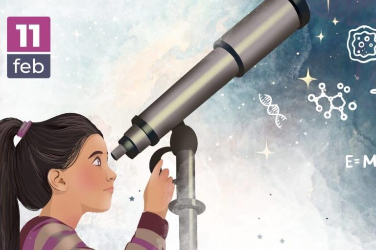 CARTEL DE LA MUJER Y LA NIÑA EN LA CIENCIA
