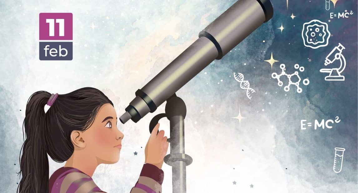 CARTEL DE LA MUJER Y LA NIÑA EN LA CIENCIA